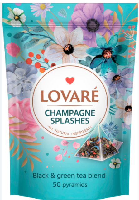 Бленд чорного та зеленого чаю Lovare Бризки шампанського з полуницею та пелюстками квітів 2 г х 50 пірамідок